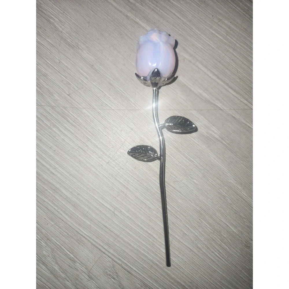 Opalite Glass Rose Carved rose Figurine Silver Tone Stem 6.5 Inch Decor